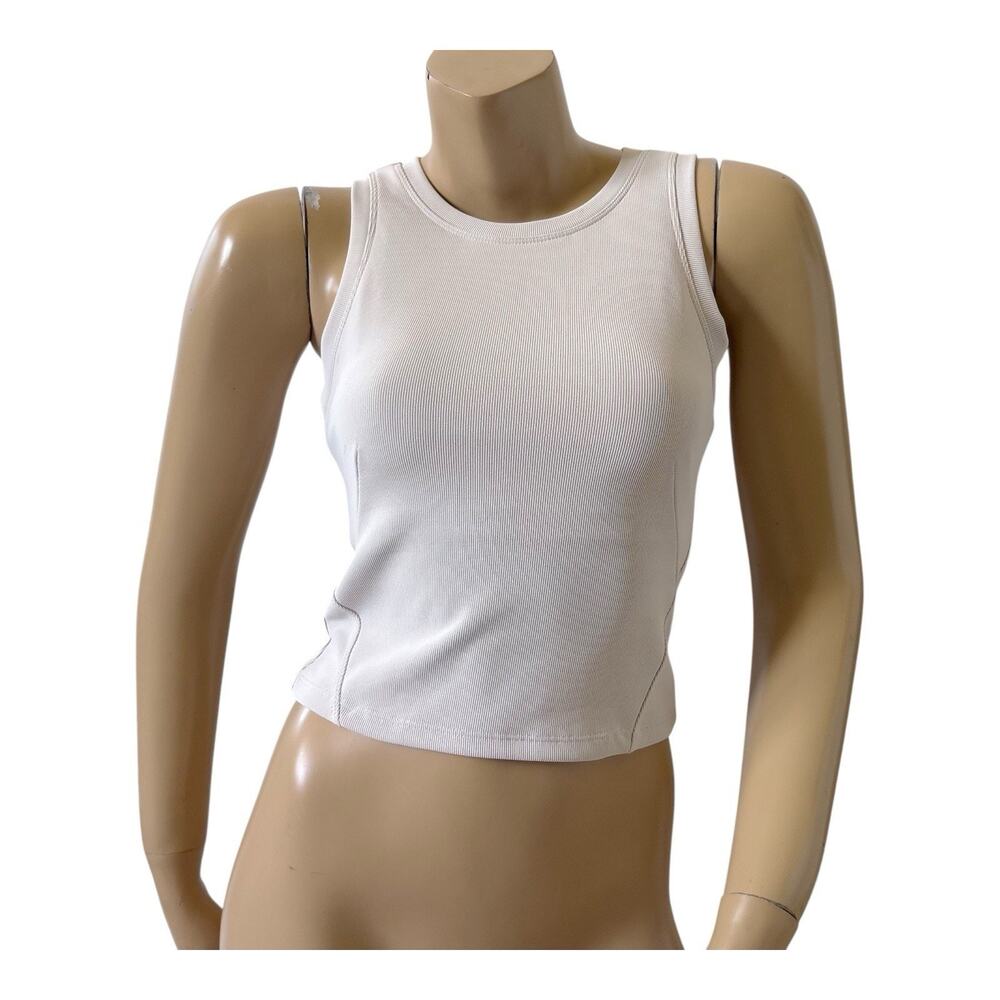 Move Theology Tank Top Womens S Off White Ribbed Shelf Bra Stretch Yoga Workout